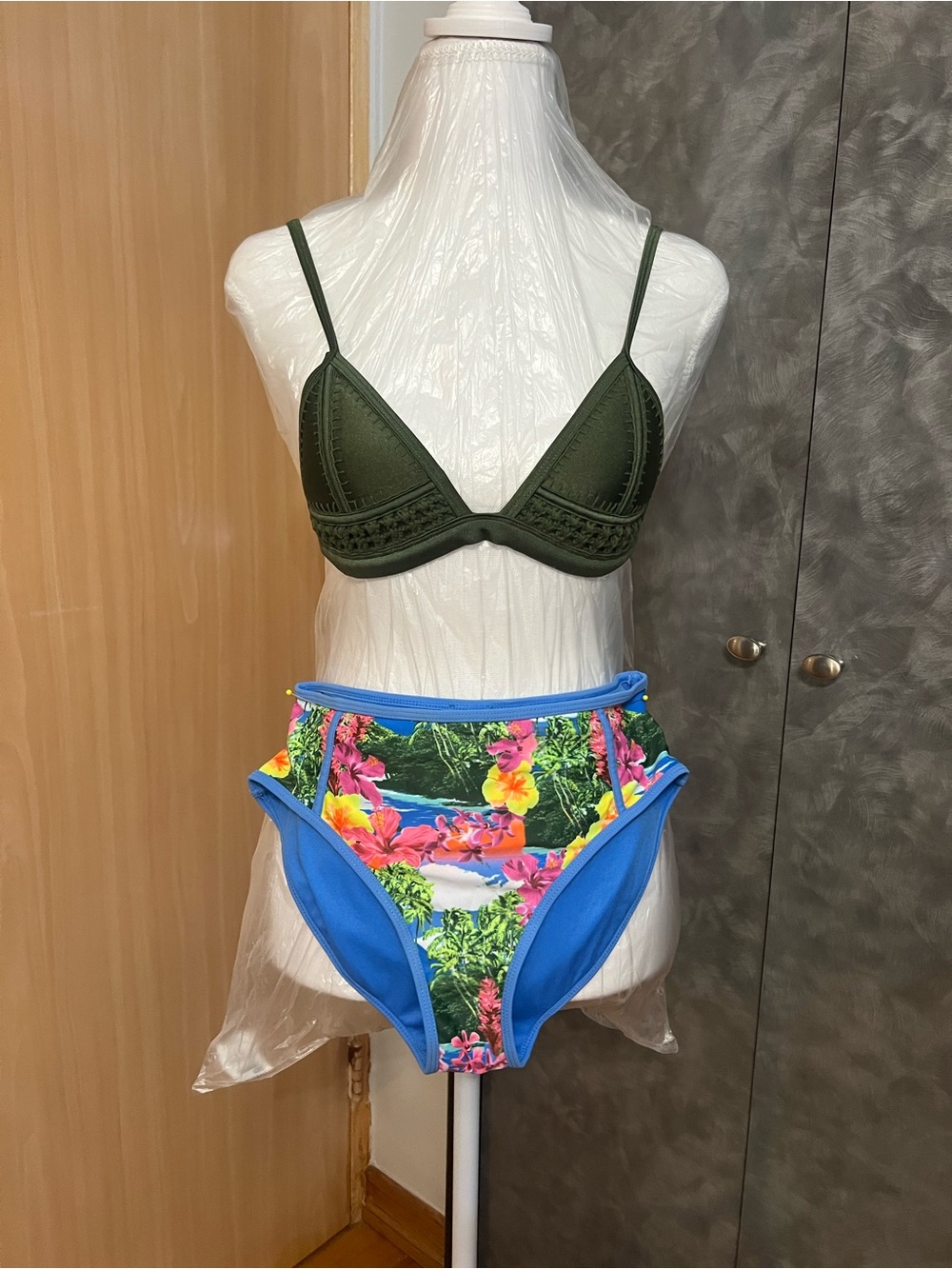 Nicole Miller Green Bikini Top with Blue Floral High-Waist Bottoms